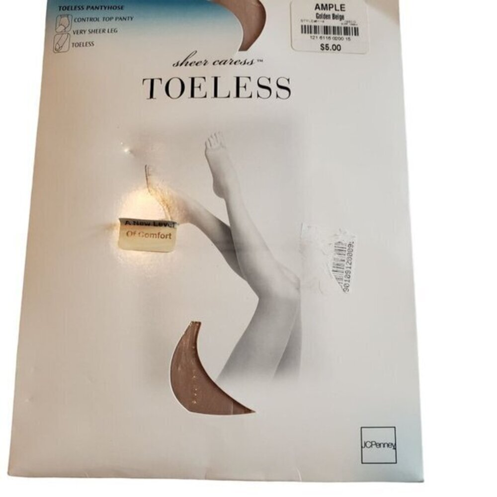 JC Penney Pantyhose Womens Beige Sheer‎ Caress Toeless  Ample Plus  USA